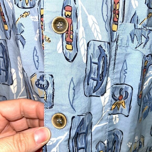 OP Sport Tiki Print Shirt Mens Size Large L Vintage Button Up Pure Cotton Blue - Picture 7 of 11